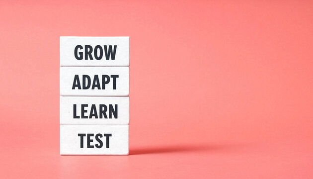 Growth and adaptation concept with stacked white blocks displaying words grow adapt learn test on pink background