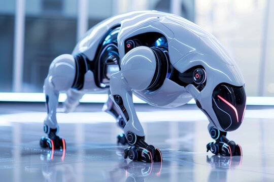 White and black robot dog standing in a modern laboratory, showcasing advanced robotics and artificial intelligence