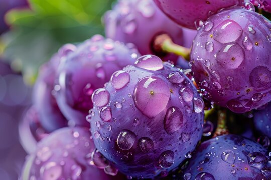 Close up of ripe purple grapes glistening with water droplets, showcasing the freshness and beauty of nature's bounty
