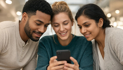 Obraz premium Three young adults smiling while looking at smartphone together indoors in casual setting