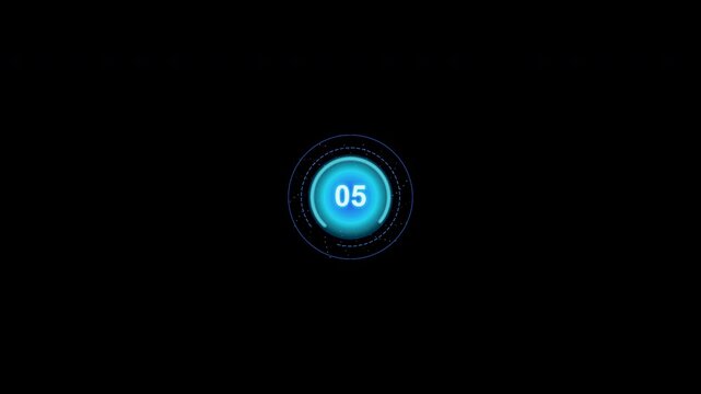 Premium futuristic countdown animation featuring large glowing digital numbers surrounded by precise blue and cyan energy rings, executing an energy build, impact, and seamless 10-second loop.