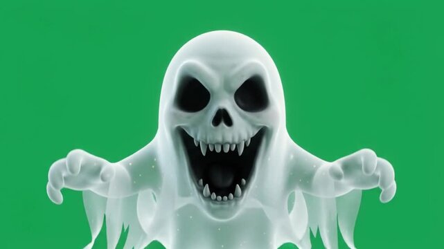 Scary Skull Faced Ghost Floating On Green 4K HD