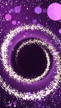 Golden particles swirling in a brilliant spiral motion animation against a deep vibrant violet backdrop for festive digital background footage