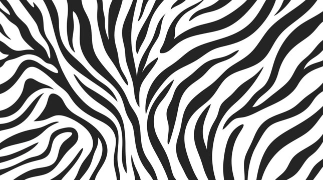 Dynamic zebra pattern of wild animal fur with flowing black and white stripes, symbolizing wilderness and style for fashion design, textile backgrounds and brand identity.