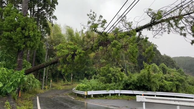 Fallen Tree Hangs On Power Lines Over Rural Road After Hurricane