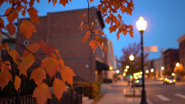 Orange maple leaves frame a quiet downtown street at blue hour, where glowing lamp posts dissolve into creamy circles and brick facades recede beneath a calm seasonal evening atmosphere in autumn.
