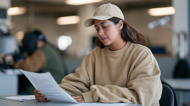 A welder reads a single paragraph of text aloud silently to herself in a workplace quiet room, dyslexic adult literacy strategy, neurodivergent manufacturing employee support,