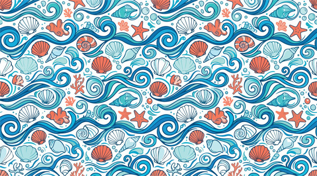 Seamless ocean pattern featuring sea shells starfish and swirling waves
