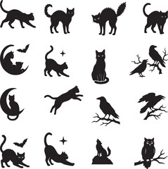 Obraz premium Halloween Black Cat, Bat, Crow and Owl Silhouette Collection with Moon and Spooky Elements