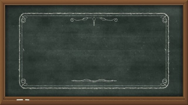 Green chalkboard in oak frame: an ornate white chalk border draws itself, then a cloth wipes it away in dusty arcs, seamless loop with copy space