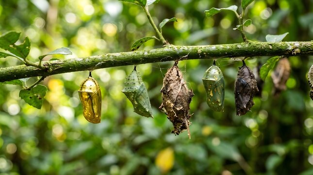 Various butterfly chrysalis hanging on a branch in a tropical garden