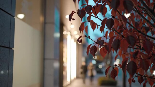 Crimson fall foliage extends beside a modern building entrance, where vertical architectural lights fade into gentle luminous circles and cool dusk tones shape a refined urban evening scene.