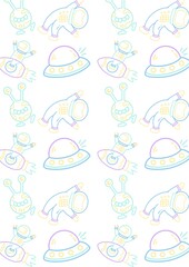 Cute space pattern with astronauts and UFOs, pastel hand-drawn galaxy wallpaper, whimsical cosmic doodle background for kids © Senandung