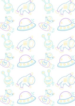 Cute space pattern with astronauts and UFOs, pastel hand-drawn galaxy wallpaper, whimsical cosmic doodle background for kids