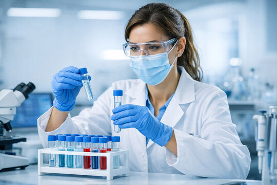 A scientist working in a lab, wearing protective gear, including a face mask and goggles, focused on studying samples using a microscope and test tubes.