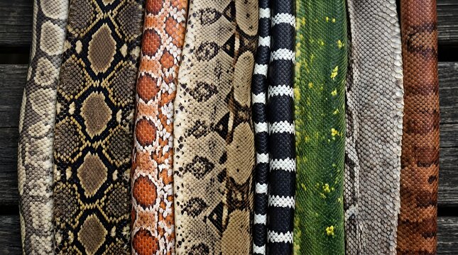 Various snake skin textures arranged in vertical rows on dark wood