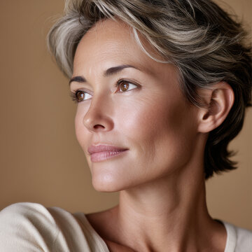 Mature woman natural beauty soft light brown eyes short hair healthy skin serene expression studio portrait
