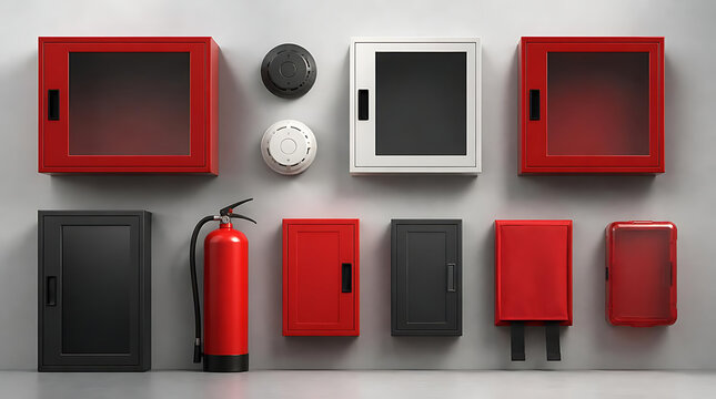 Collection of red and black fire safety equipment boxes.
