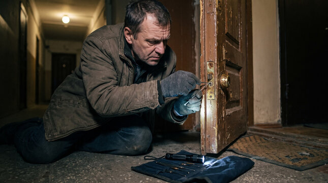 Professional Locksmith Repairing a Vintage Door Lock Inside an Old Residential Building