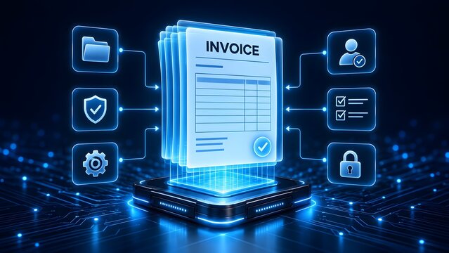 Stacked glowing digital invoices on high tech processing base connected to secure management and user settings icons