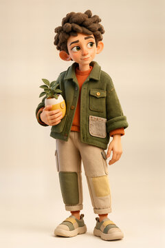 Cute 3D Boy Character Holding a Potted Plant