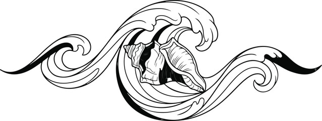 Fototapeta premium Line art of sea shell inside curling ocean waves on white background