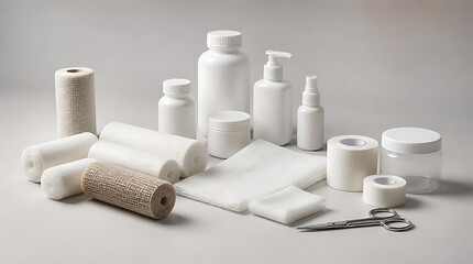 Obraz premium White medical bandages bottles and surgical scissors arrangement.