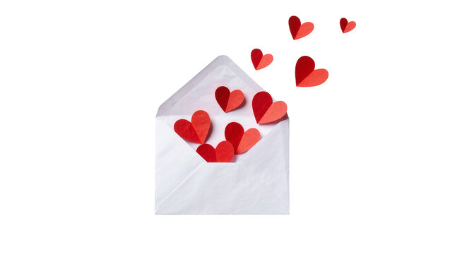 White paper envelope overflowing with red paper hearts, isolated on transparent background