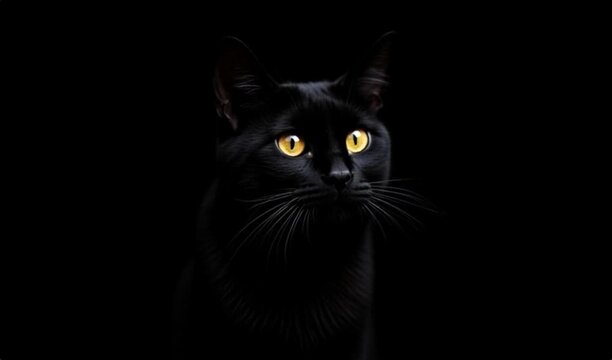 A dramatic close-up portrait of a sleek black cat with striking bright yellow eyes against a dark background, whiskers fanned out. 4K video