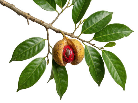 Nutmeg fruit open on wooden branch with red mace and brown seed isolated on a high quality transparent background