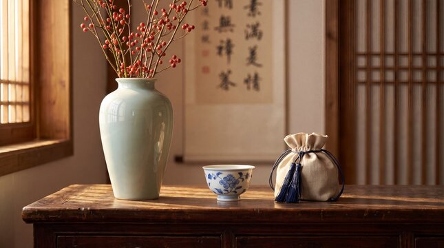Chongyang Festival (Double Ninth Festival) table setting with chrysanthemum wine cup, cornel branch and linen gift pouch, autumn wellness concept