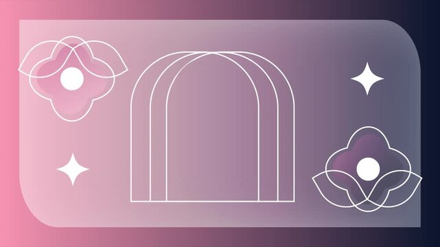 Abstract graphic with floral line art and arch shape. Minimalist geometric pattern in pink gradient background. Decorative vector element for modern design concept