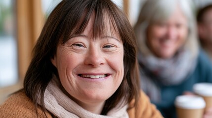 Obraz premium Adult woman with Down syndrome smiles warmly while seated in a cafe, with a blurred figure of another woman and coffee cups visible in the background