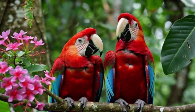 Two scarlet macaws with vibrant red, blue and yellow feathers perch on a mossy branch beside pink flowers amid lush green tropical foliage. 4K video