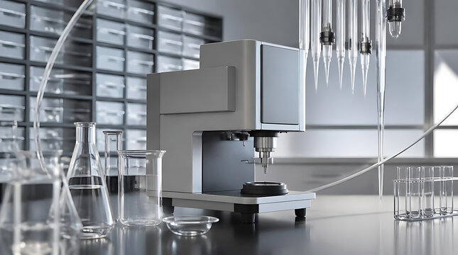 Laboratory automation equipment with sample tubes and glassware.