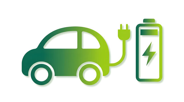 Green electric vehicle icon with charging station battery symbol, modern eco-friendly transportation concept design, flat vector graphic illustration isolated on white background for sustainable 