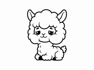 Fototapeta premium Baby llama sits peacefully with a gentle expression in a clean black and white outline style.