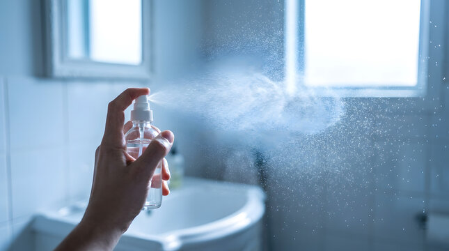 Close-up hand using transparent spray bottle to disperse disinfectant liquid mist in a bright modern tiled bathroom interior, promoting hygiene, sanitization, home cleaning, and daily wellness routine