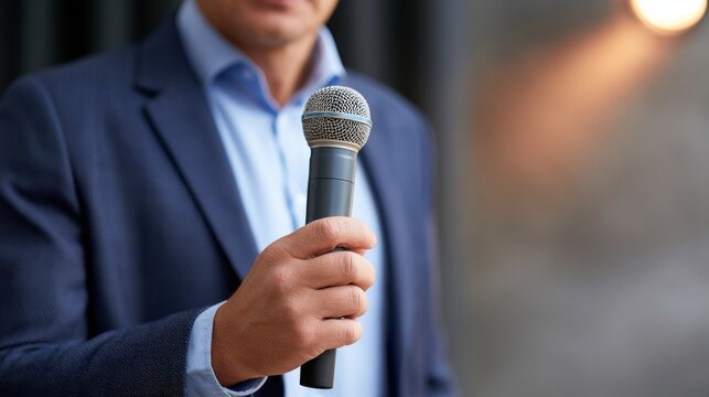 Male speaker holding a microphone in a spotlight on stage, dressed in a dark suit with a light blue shirt, background featuring soft lighting and blurred decor