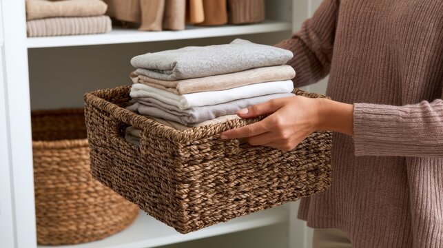 Woman carrying a woven basket filled with neatly folded laundry, standing in a bright room with shelves displaying additional towels and storage baskets