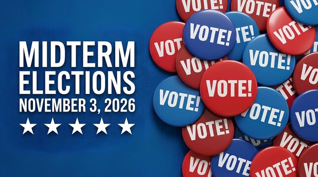 Midterm Elections 2026 poster with pile of voting buttons.