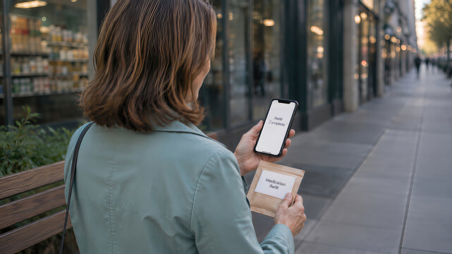 Woman walking outdoors on path, medication reminder on phone, active senior lifestyle, chronic condition management on the move
