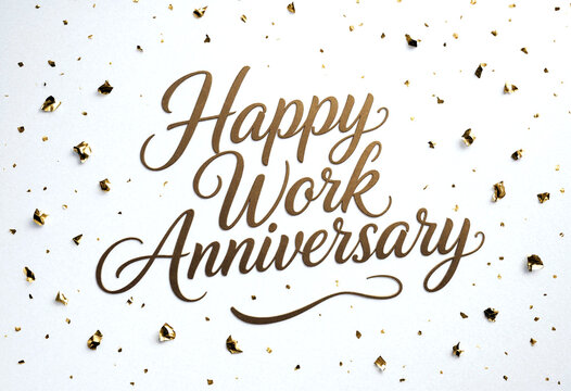 Elegant golden happy work anniversary greeting card with confetti celebration design and cursive typography