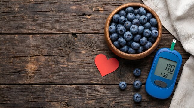 Blood glucose monitor with blueberries and heart on wood.
