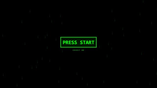 Retro green press start screen with pixelated text on black background