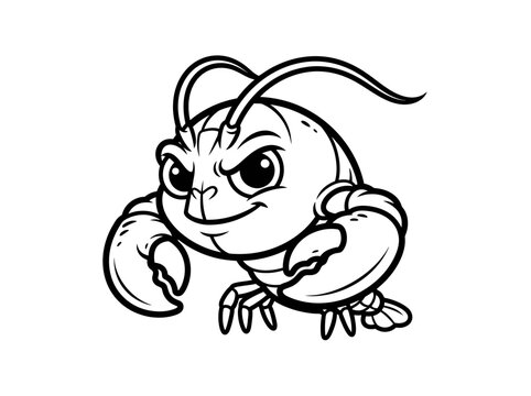 Lobster cartoon mascot with an angry expression and large claws is presented as a black and white line art illustration on a plain white background.