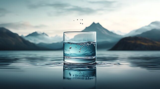 Glass of water, serene mountains, lake