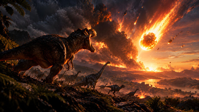 Dinosaur Extinction by Massive Meteor Impact &ndash; Asteroid Strike on Prehistoric Earth Apocalypse Concept