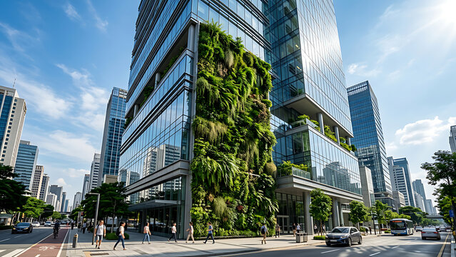 Modern glass skyscraper featuring lush vertical garden on facade