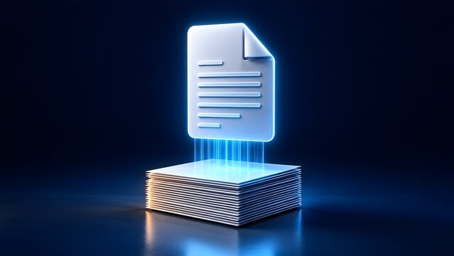 Glowing digital document icon extracting information from a stack of physical papers via optical light beams